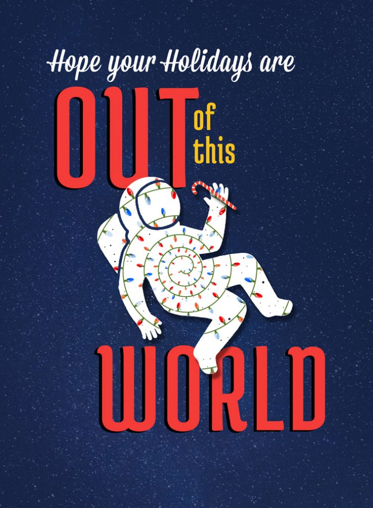 Out of this world Holidays card with astronaut