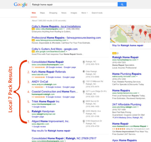 Google Local SEO - 7 pack map results